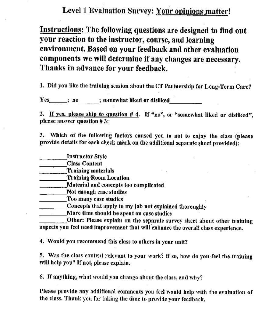 A page of a survey evaluating the usefulness of the training session