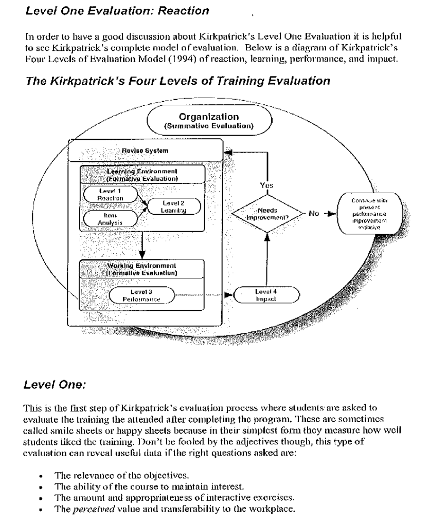 A document explaining level one of Kirkpatrick's process for evaluation