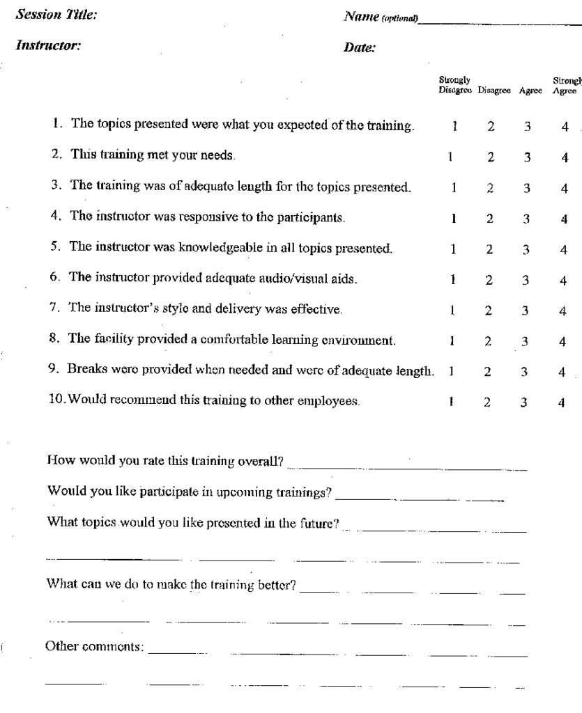A page of a survey evaluating the usefulness of the training session