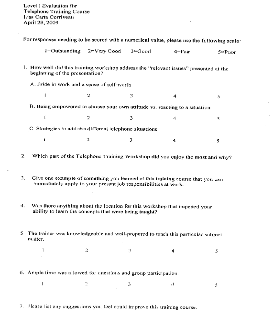A page of a survey evaluating the usefulness of a telephone training course
