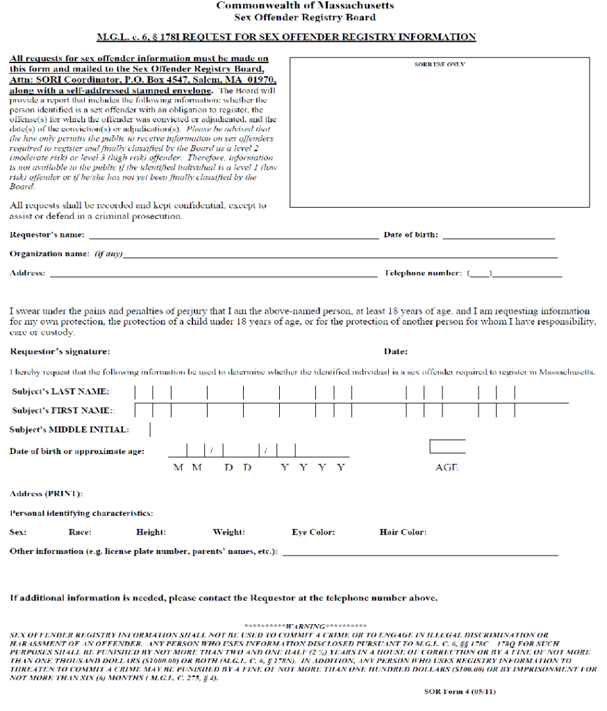 Sex Offender Registry information (SORI) request form.